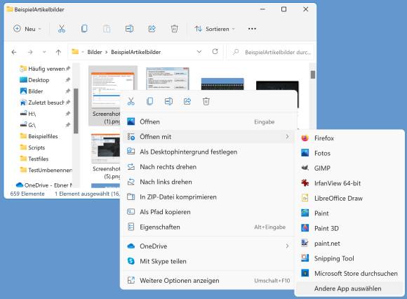 Kontextmenü, hier von .png-Dateien, mit dem Befehl "Öffnen mit"
