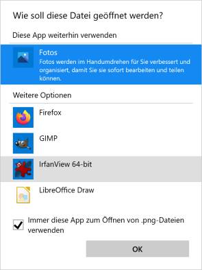 Das Auswahlfenster für die alternative App