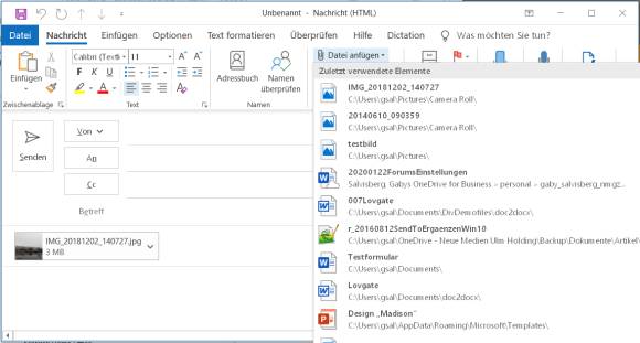 Outlook: Direkt eine der zuletzt genutzten Dateien anfügen