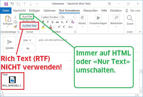 Outlook: Niemals das Rich-Text-Format verwenden