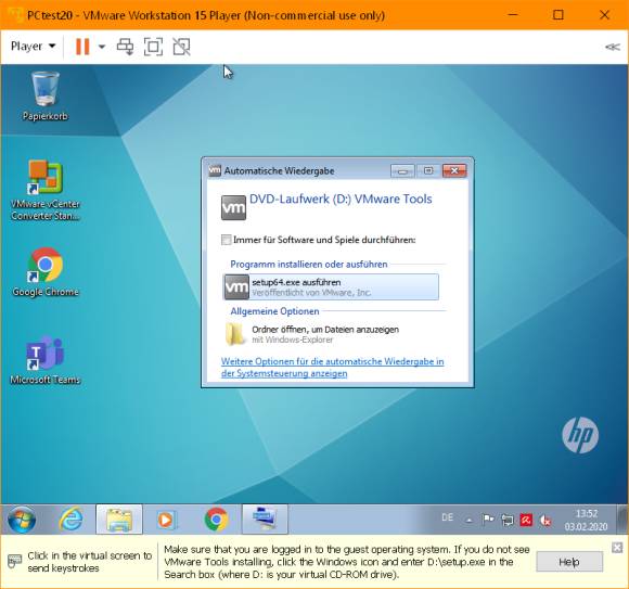 Die Installation der VMware-Tools ist auch ohne physische Tastatur möglich