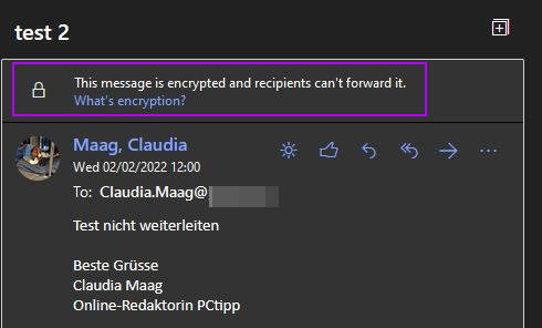Und so sieht das aus, wenn der Empfänger eine E-Mail erhält, die sowohl verschlüsselt ist, als auch nicht weitergeleitet werden darf Screenshot einer verschlüsselten Mail bei der Empfängerin