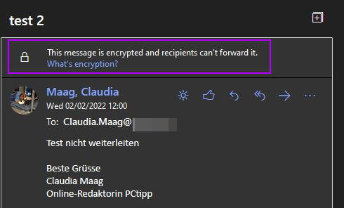 Screenshot einer verschlüsselten Mail bei der Empfängerin