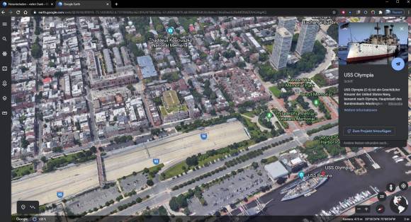 Screenshot Zufallsort, hier das Schiff USS Olympia im Hafen von Philadelphia