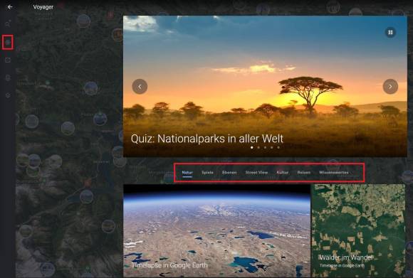 Screenshot Google Earth Voyager mit Themenauswahl