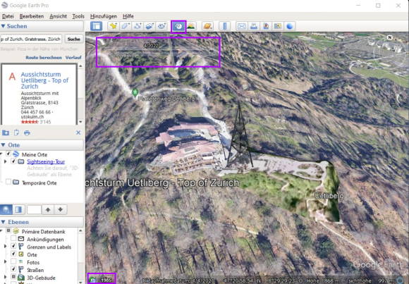 Der Üetlibergturm in der Google-Earth-Zeitreise