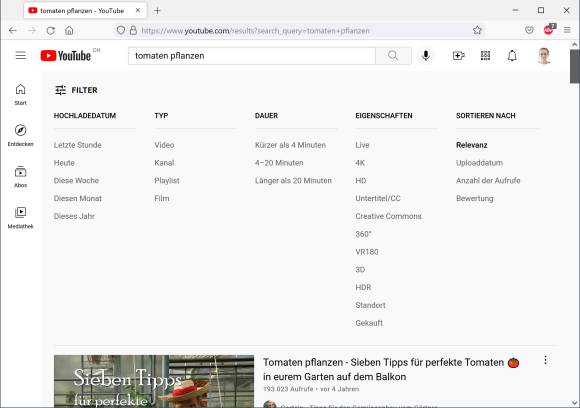 Screenshot YouTube Suchfilter