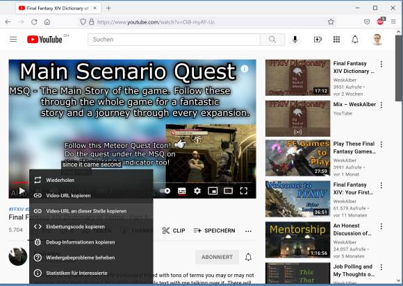 Screenshot YouTube mit Kontextmenü