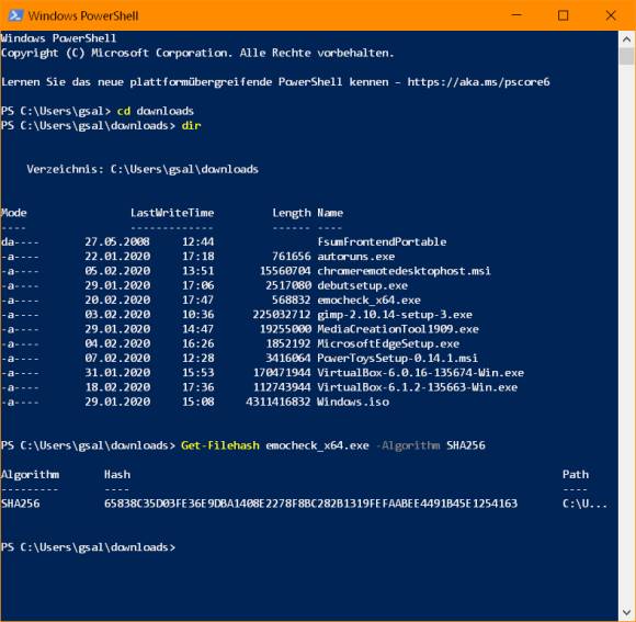 Voilà, innert Sekundenbruchteilen spuckt die PowerShell den SHA256-Hash aus