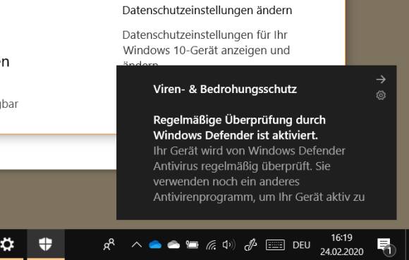 Das Action-Center meldet: Regelmässige Scans durch den Microsoft Defender sind aktiviert