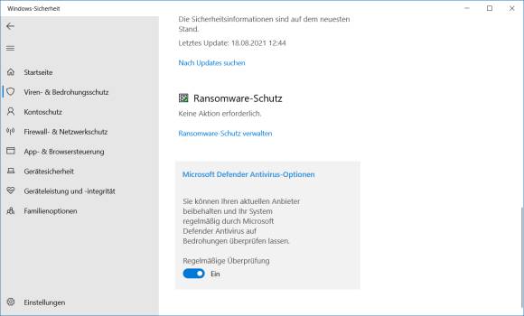 Screenshot Sommer 2021, Einstellungen zum Ausschalten des Defenders