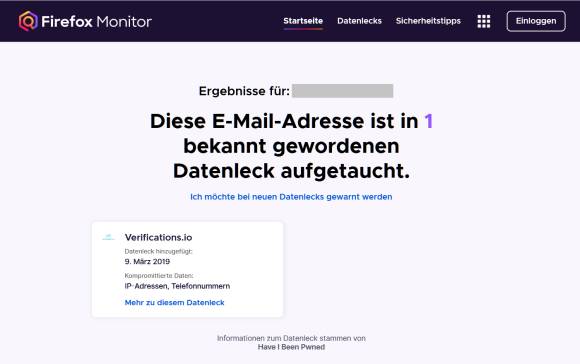 Firefox Monitor hat die Mailadresse in einem Databreach gefunden