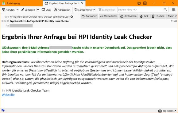 Der HPI Identity Leak Checker meldet das Prüfresultat per E-Mail – hier ohne Befund