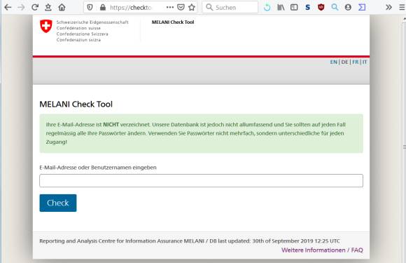 Das MELANI Check Tool. Wir wissen nicht, ob hier wirklich etwas abgefragt wird. Zu keiner der 9 geprüften Mailadressen wurde etwas gefunden