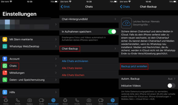 Screenshots zeigen WhatsApp-Backup-Verwaltung unter iOS