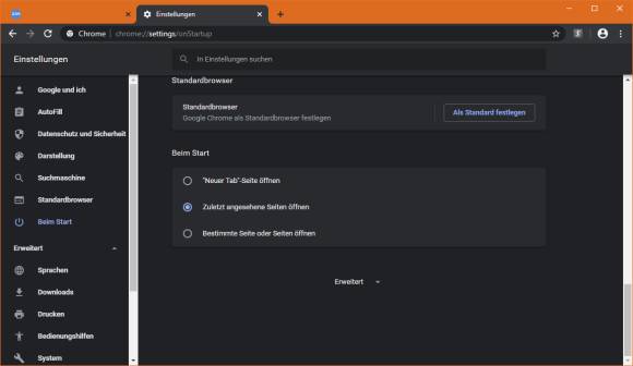Die Starteinstellung in Google Chrome