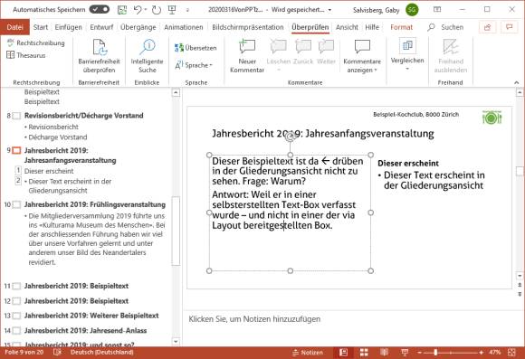 Der Text der Spalte rechts erscheint in der Gliederung, jener der linken Spalte nicht