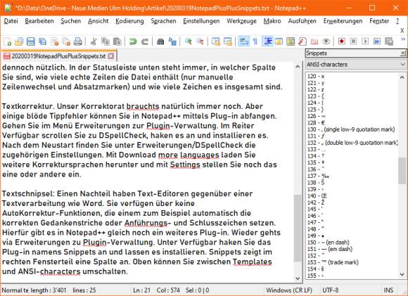 ANSI-Sonderzeichen stehen auch als Snippets zur Verfügung