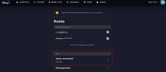 Screenshot Disney+-Profilseite mit Kündigungstatus 