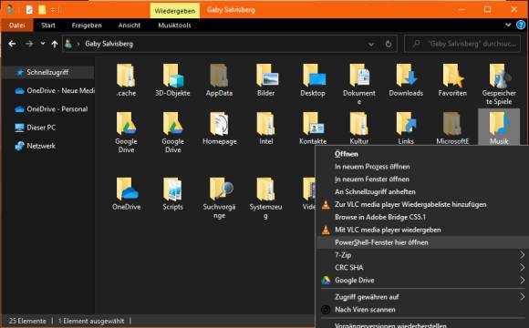 Dank der Shift- bzw. Umschalt-Taste erscheint im Kontextmenü auch der Befehl für die PowerShell oder Eingabeaufforderung