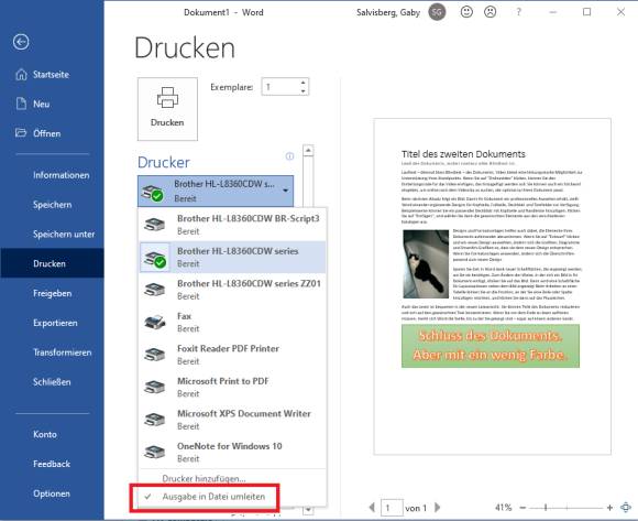 Ausgabe in PRN-Datei in Word