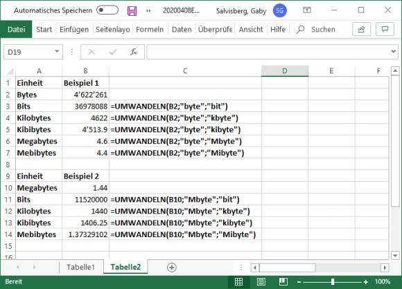 Excel kennt fürs Umwandeln von Bits, Bytes usw. spezielle Funktionen 