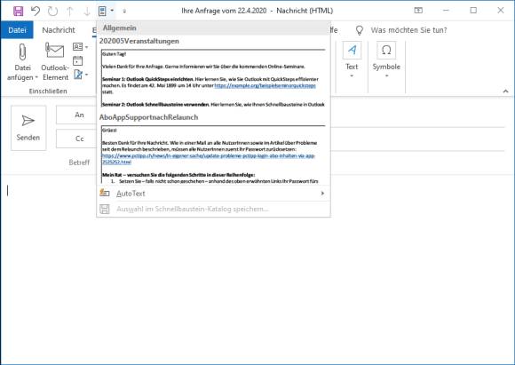 Schnellbausteine in Outlook 