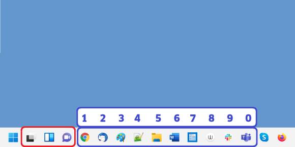 Windows 11 Taskleiste mit markierten Programmverknüpfungen