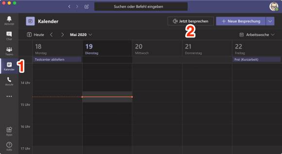 Der Teams-Kalender mit der Schaltfläche "Jetzt besprechen"