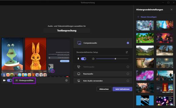 In Teams für den Desktop ist die Funktion "Hintergrundfilter" markiert