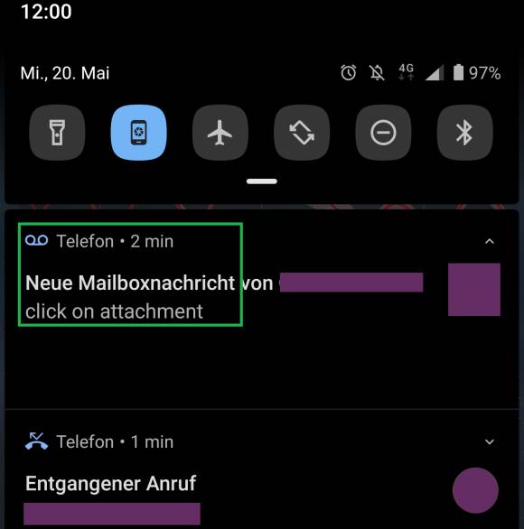 Android-Screenshot zeigt eine eingetroffene Visual Voice Mails 