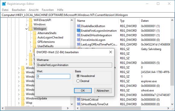 Der Eintrag EnableFirstLogonAnimation in der Registry