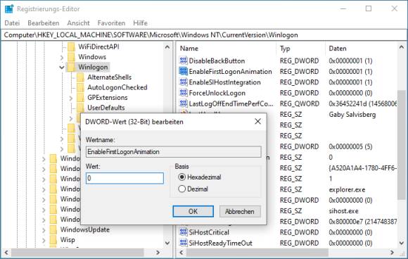 Der Eintrag EnableFirstLogonAnimation in der Registry