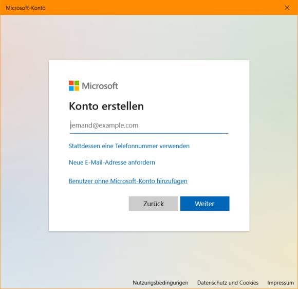 Im zweiten Dialog finden Sie die Option zum Erstellen eines Nutzers ohne Microsoft-Konto