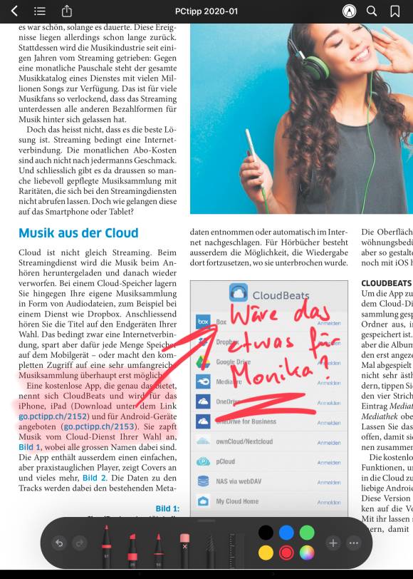 Ein PCtipp-Artikel als PDF, mit einer Textmarkierung und einer handschriftlichen Notiz