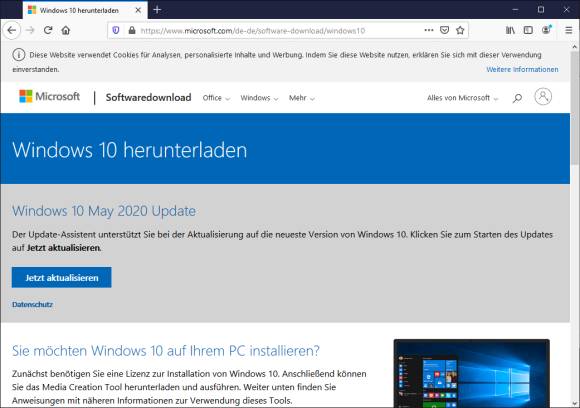 Die Downloadseite fürs Media Creation Tool zur Windows-Installation enthält auch einen Update-Knopf