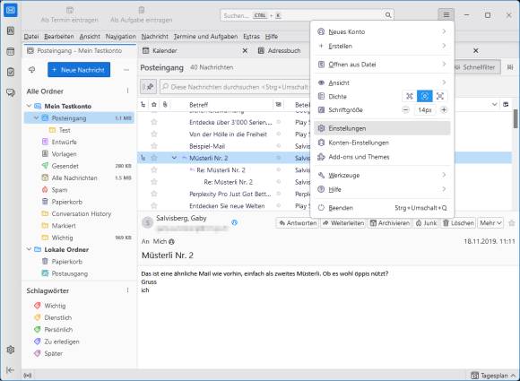 Das Thunderbird-Menü mit dem Punkt Schriftgrösse