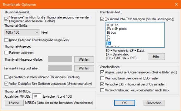 Einstellungsfenster von IrfanView-Thumbnails