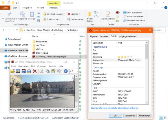 Bildvorschau im IrfanView und Bildeigenschaften im Explorer 