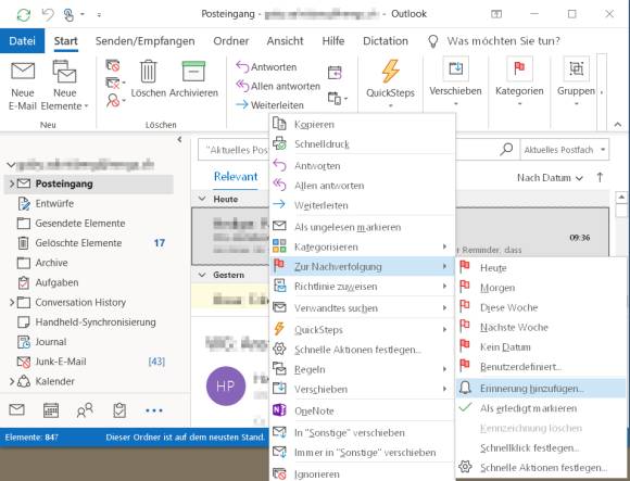 Outlook mit geöffnetem Kontextmenü