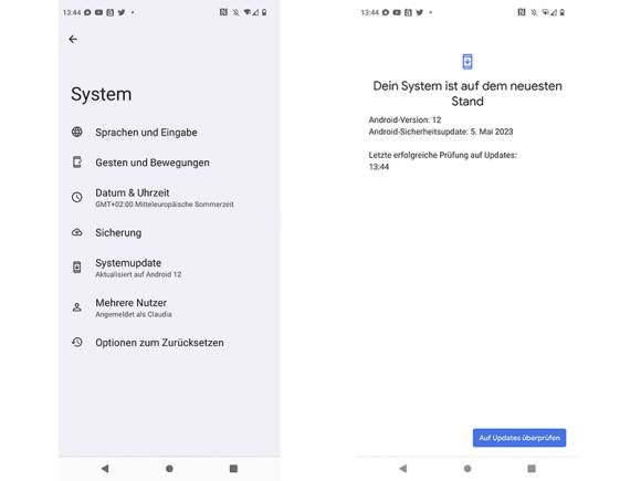 Zwei Screenshots zeigen ein Android-Update