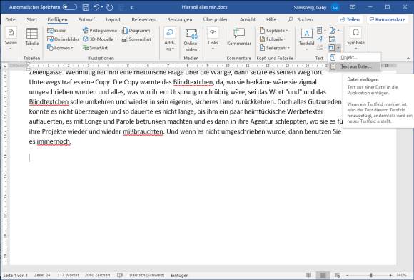 Menüpunkt Einfügen/Objekt/Text aus Datei