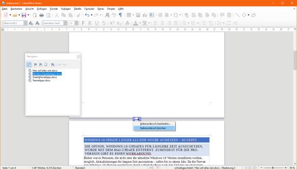 LibreOffice Writer mit dem Navigator-Fenster und einem zu löschenden Seitenumbruch
