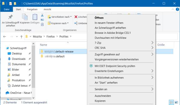 Explorer-Fenster mit dem Profilordner um den Kontextmenü