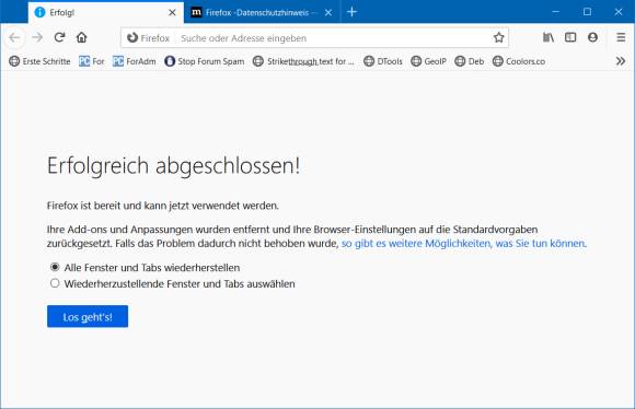 Firefox-Info nach dem Zurücksetzen mit dem Los-gehts-Button