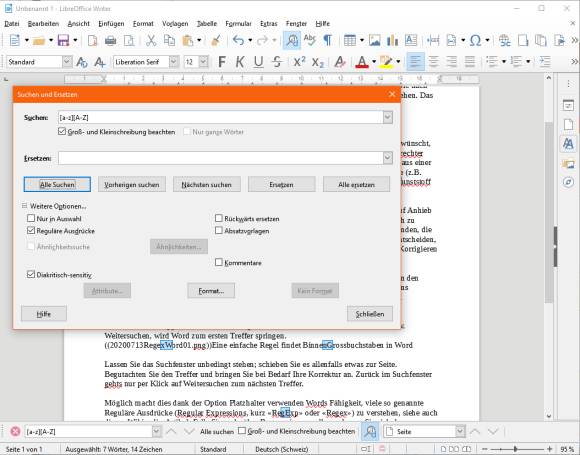 LibreOffice Writer mit dem Fenster Suchen und Ersetzen 