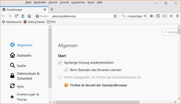 Die Einstellungsmöglichkeit in Firefox