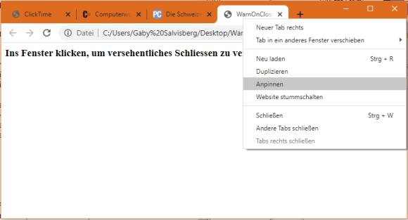 Kontextmenü mit Befehl Tab Anpinnen