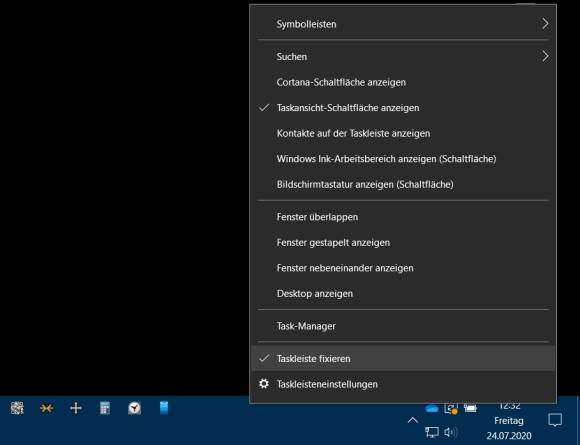 Doppelt hohe Taskleiste mit kleinen Symbolen, Kontextmenü Taskleiste fixieren