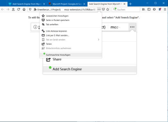 Fügen Sie die Suchmaschine übers Drei-Punkte-Icon in der Adressleiste hinzu